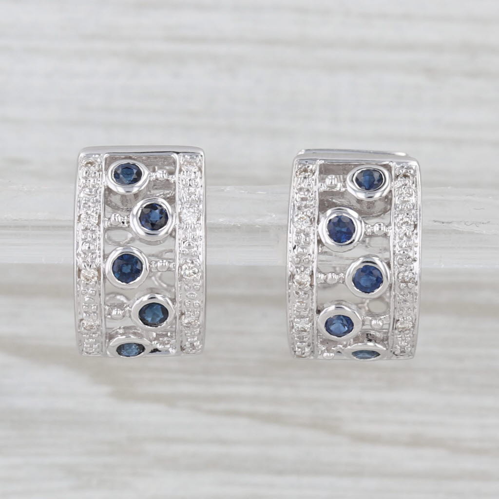 0.60ctw Diamond Blue Sapphire Hoop Earrings 14k White Gold Hinged Hoops