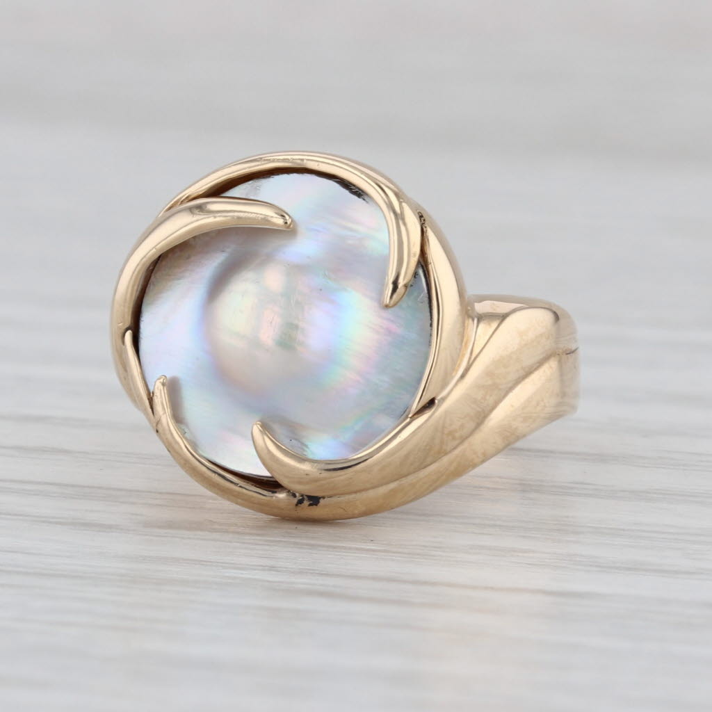 13mm Blister Pearl Solitaire Ring 14k Yellow Gold Size 6 Swirl Setting