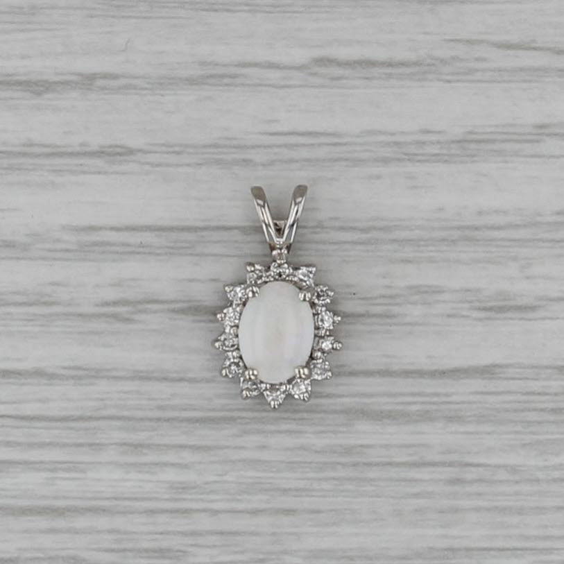 Oval Opal Cabochon Diamond Halo Pendant 14k White Gold Small Drop