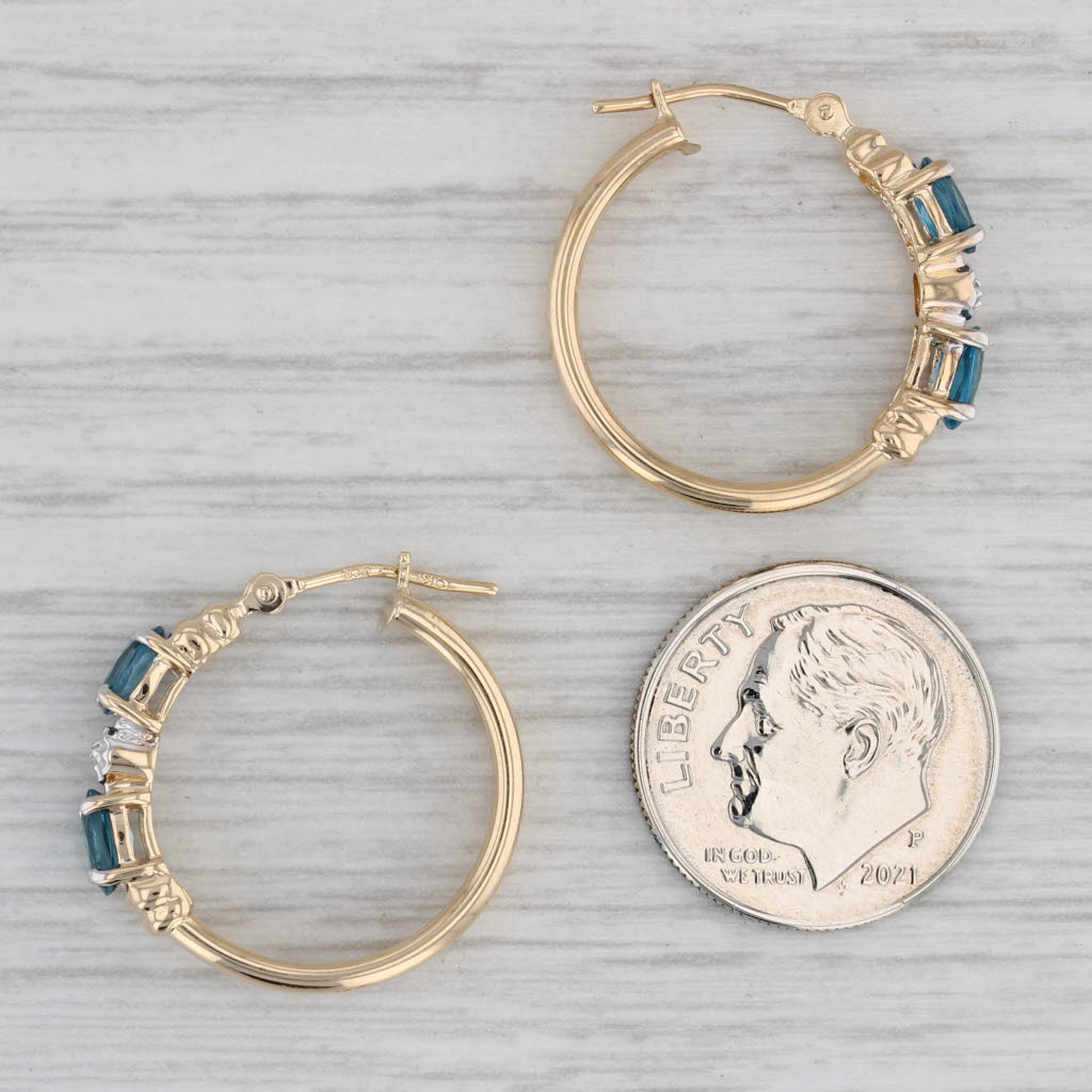 Gray 1ctw London Blue Topaz Hoop Earrings 10k Yellow Gold Round Hoops Diamond Accents