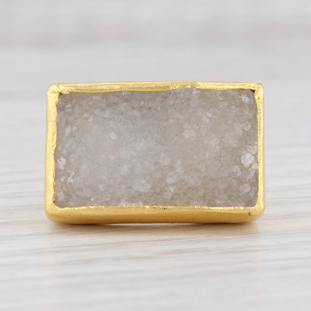 New Nina Wynn White Druzy Quartz Ring Sterling Silver 22k Gold Vermeil Size 6