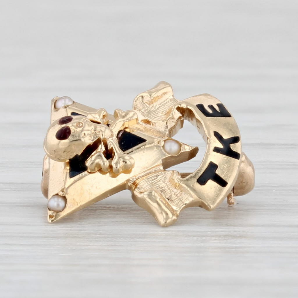 Light Gray Vintage Tau Kappa Epsilon Fraternity Pin 14k Gold Pearl Skull Badge