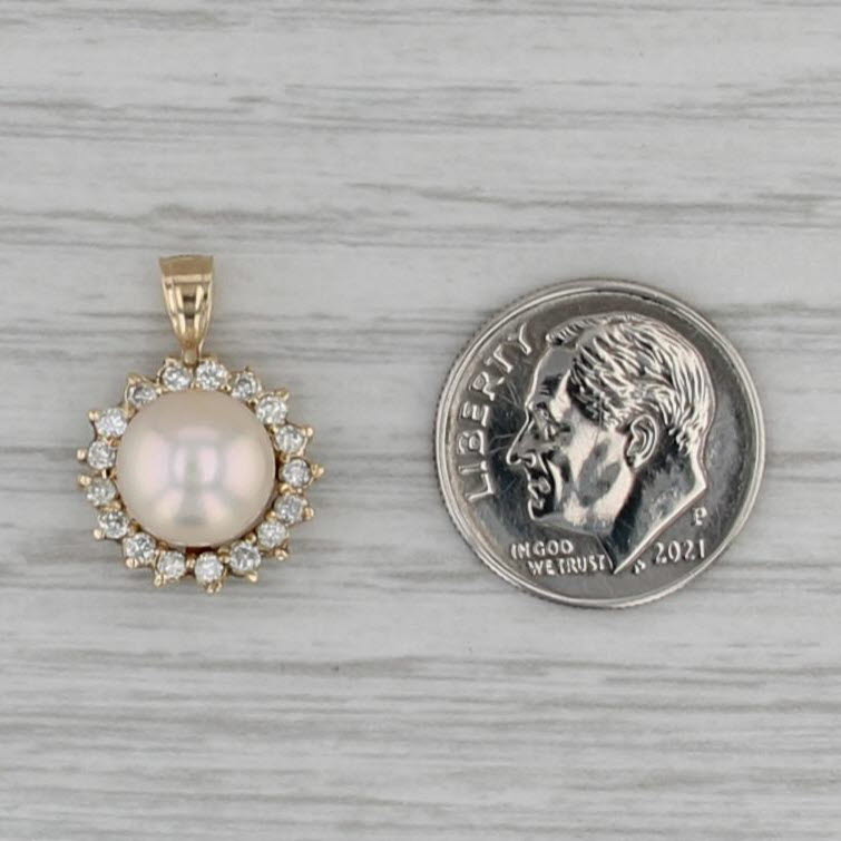 Cultured Pearl Diamond Halo Pendant 14k Yellow Gold Small Drop