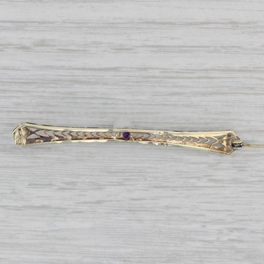 Gray Art Deco Amethyst Bar Pin 14k Gold Platinum Filigree Brooch
