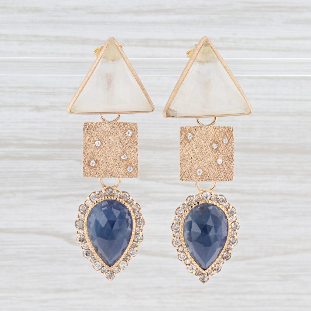 New Nina Wynn Dangle Earrings 18k Gold Diamond Sapphire Moonstone Statement