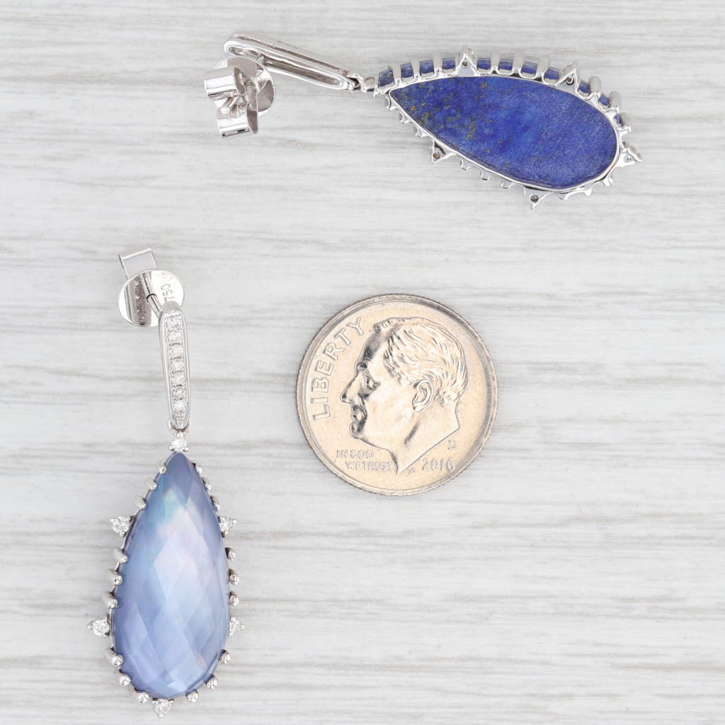 New Diamond Mother of Pearl Crystal Lapis Lazuli Dangle Earrings 18k White Gold
