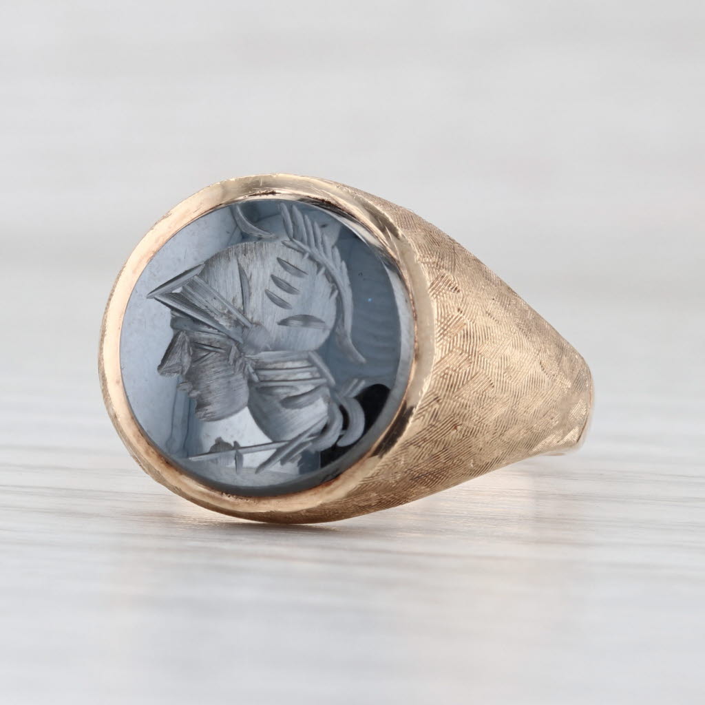 Vintage Hematite Carved Intaglio Ring 10k Yellow Gold Hammered Band Solid Back