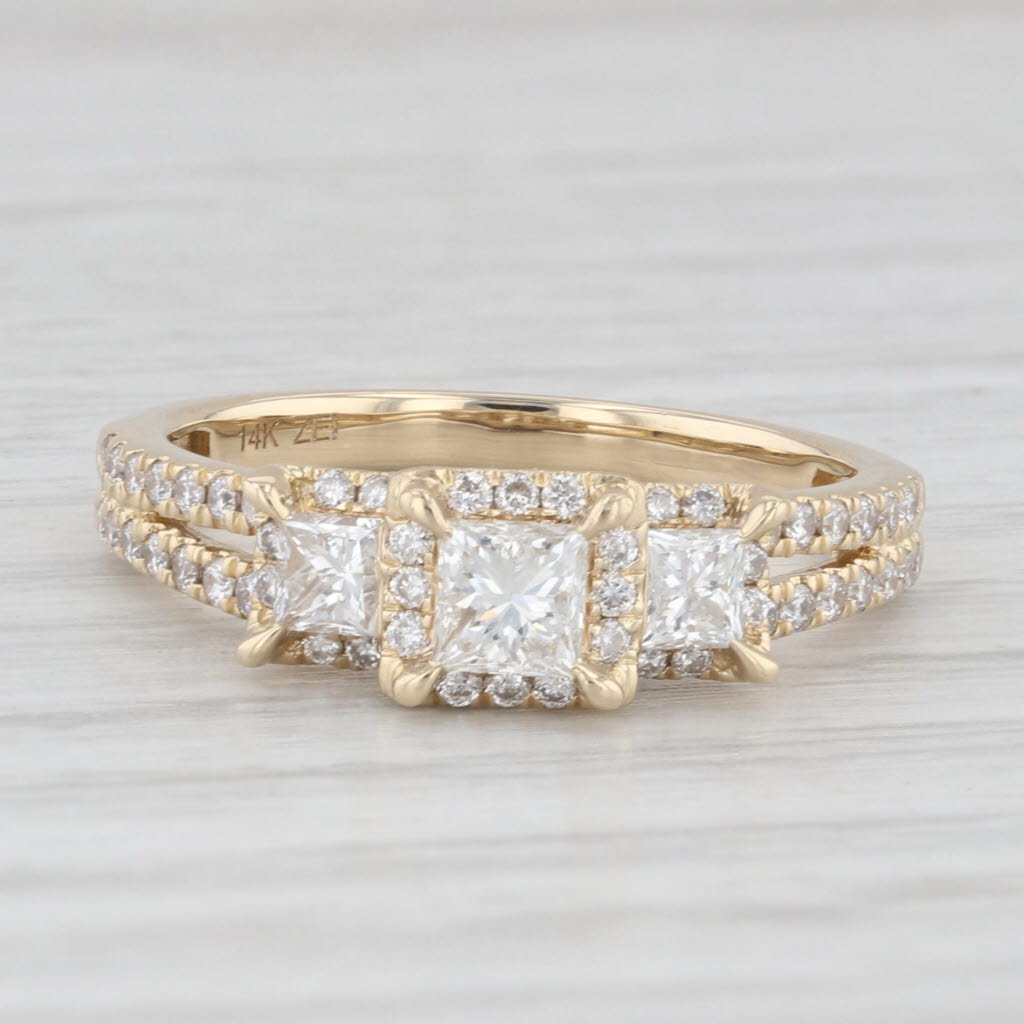 Light Gray 0.90ctw Princess Diamond Halo 3-Stone Engagement Ring 14k Yellow Gold Size 7
