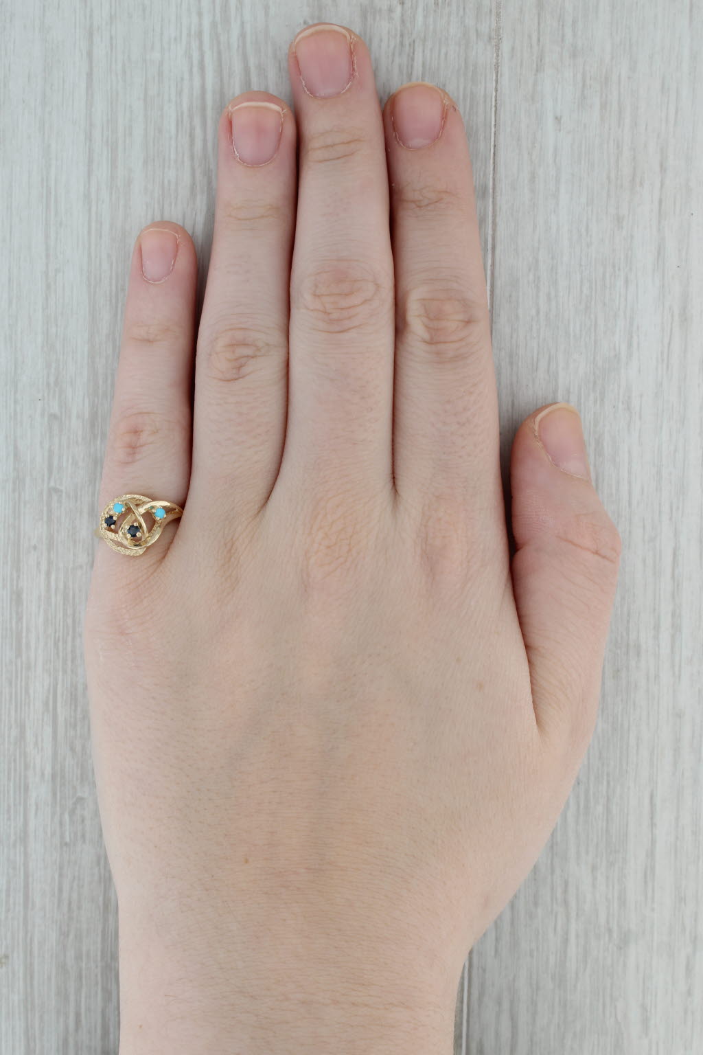 Dark Gray Blue Sapphire Turquoise Ring 14k Yellow Gold Size 6 Orbit Knot