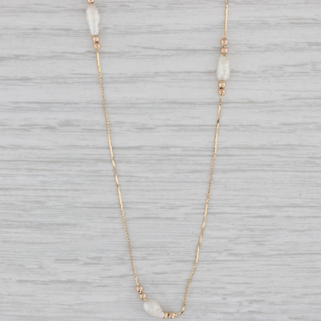 Gray Cultured Keshi Pearl Bead Station Necklace 14k Yellow Gold 18"