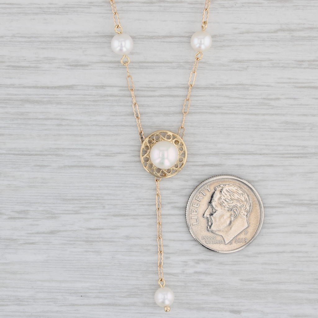 Light Gray Cultured Pearl Lariat Pendant Necklace 14k Yellow Gold 17" Crinkle Cable Chain