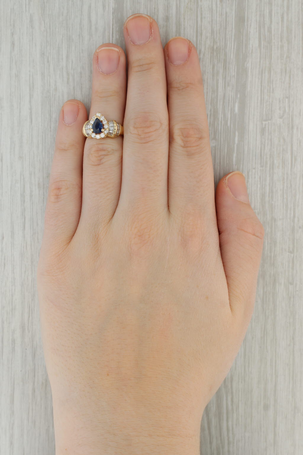 Dark Gray 1.61ctw Blue Sapphire Diamond Halo Teardrop Ring 14k Yellow Gold Size 5