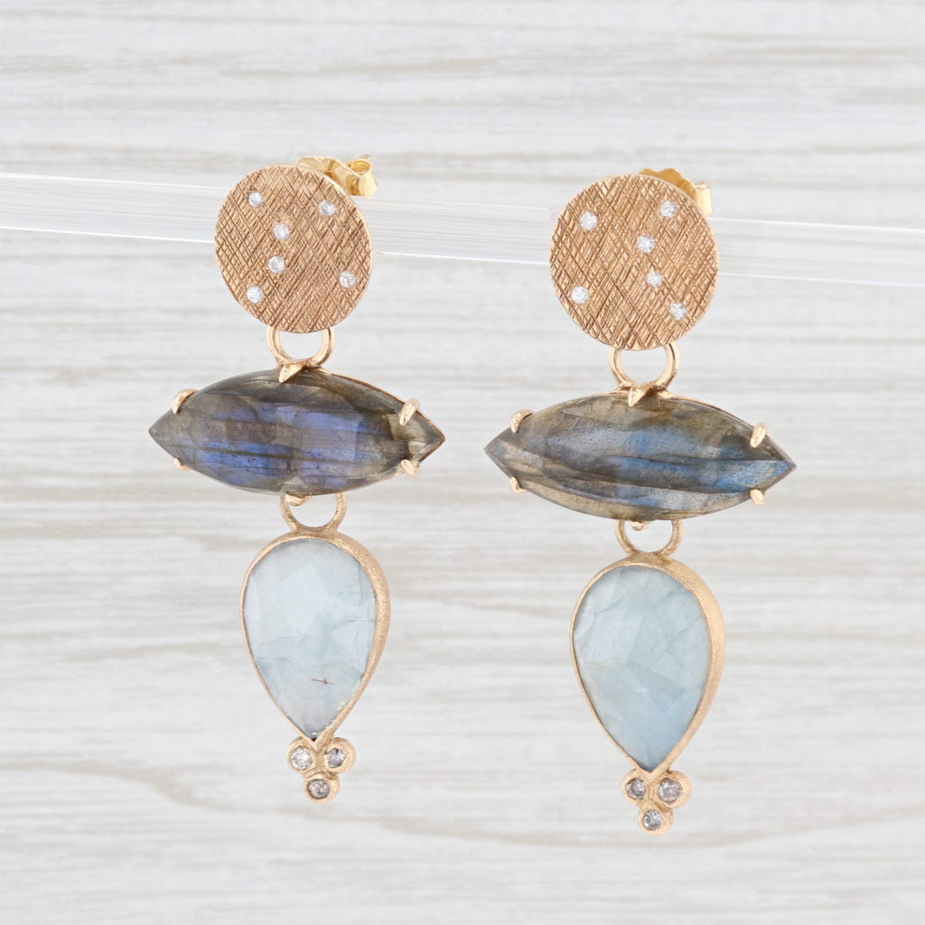 New Nina Wynn Dangle Earrings 18k Yellow Gold Diamond Labradorite Aquamarine