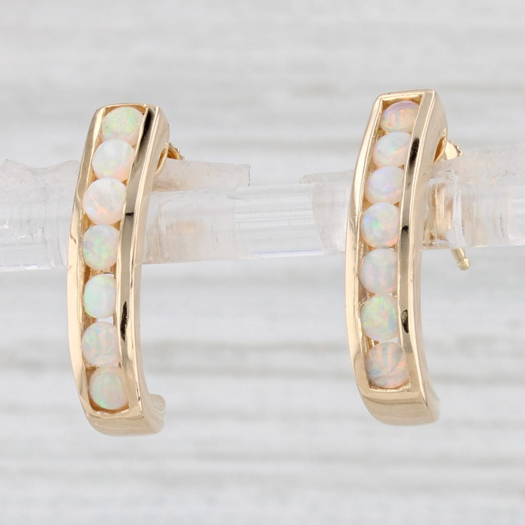 Light Gray Opal Journey J-Hook Earrings 14k Yellow Gold Pierced Drops