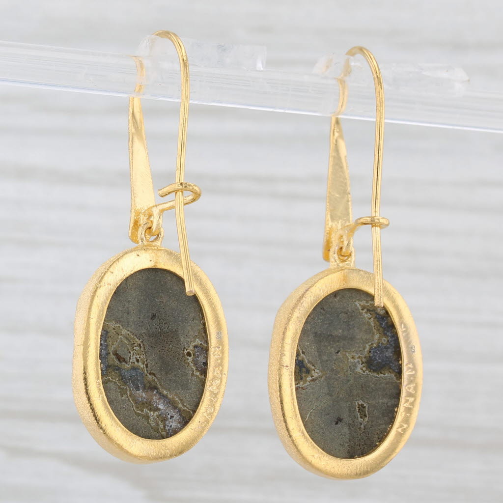 New Nina Wynn Black Druzy Quartz Dangle Earrings Sterling Silver Gold Plated