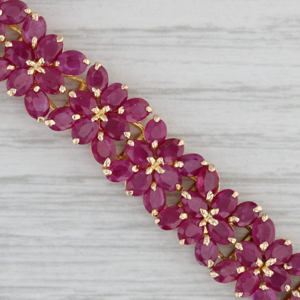 Gray 38ctw Ruby Flower Tennis Bracelet 14k Yellow Gold 7.5" 10.9mm