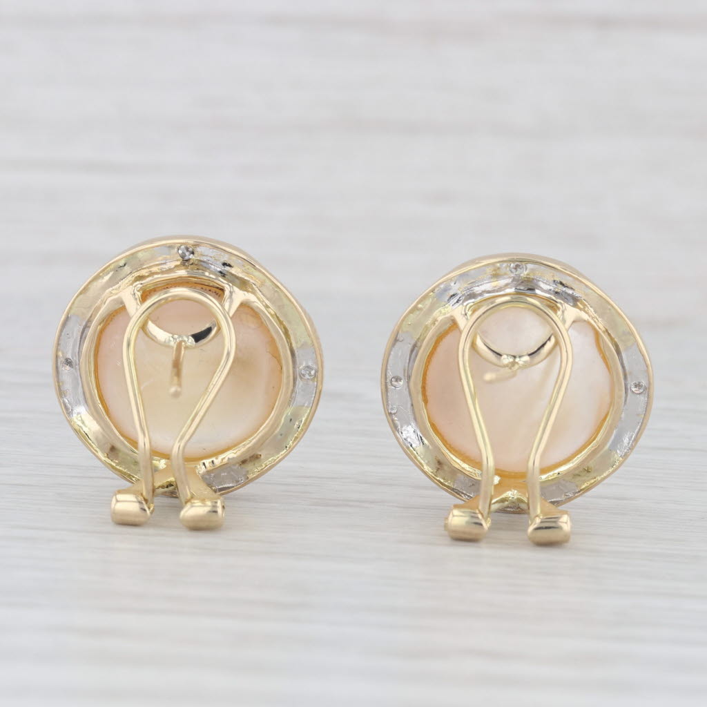 Light Gray Mabe Pearl Diamond Button Stud Earrings 14k Yellow Gold Omega Backs
