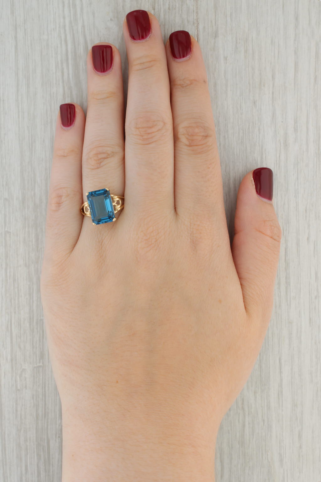 Tan 8.80ct London Blue Topaz Ring 14k Yellow Gold Emerald Cut Solitaire Size 8.25