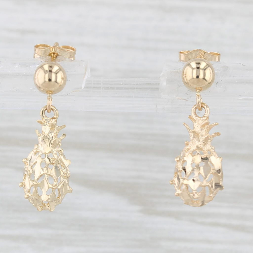 Light Gray Pineapple Dangle Earrings 14k Yellow Gold Small Drops Ornate Openwork