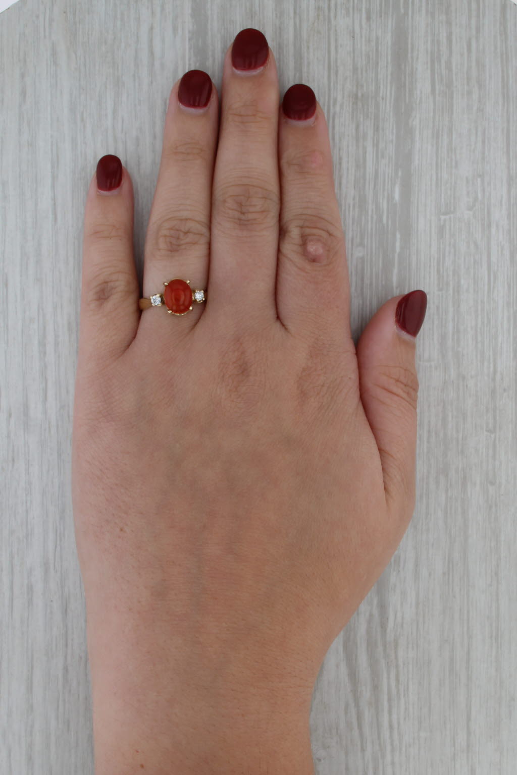 Fire Opal Cabochon Diamond Ring 14k Yellow Gold Size 7.75