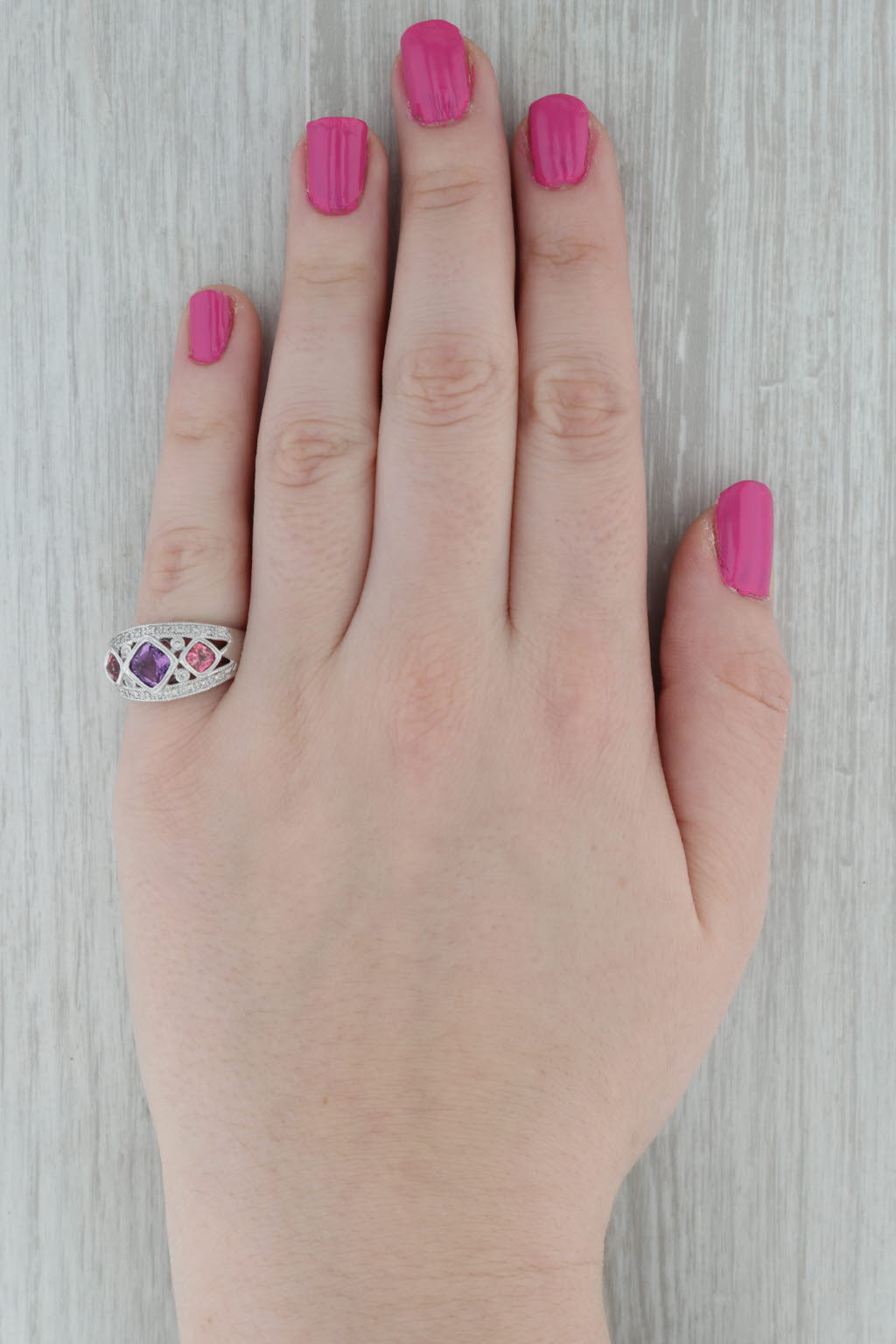 Dark Gray 1.47ctw Tourmaline Amethyst Diamond Ring 14k White Gold Size 6.75 3-Stone