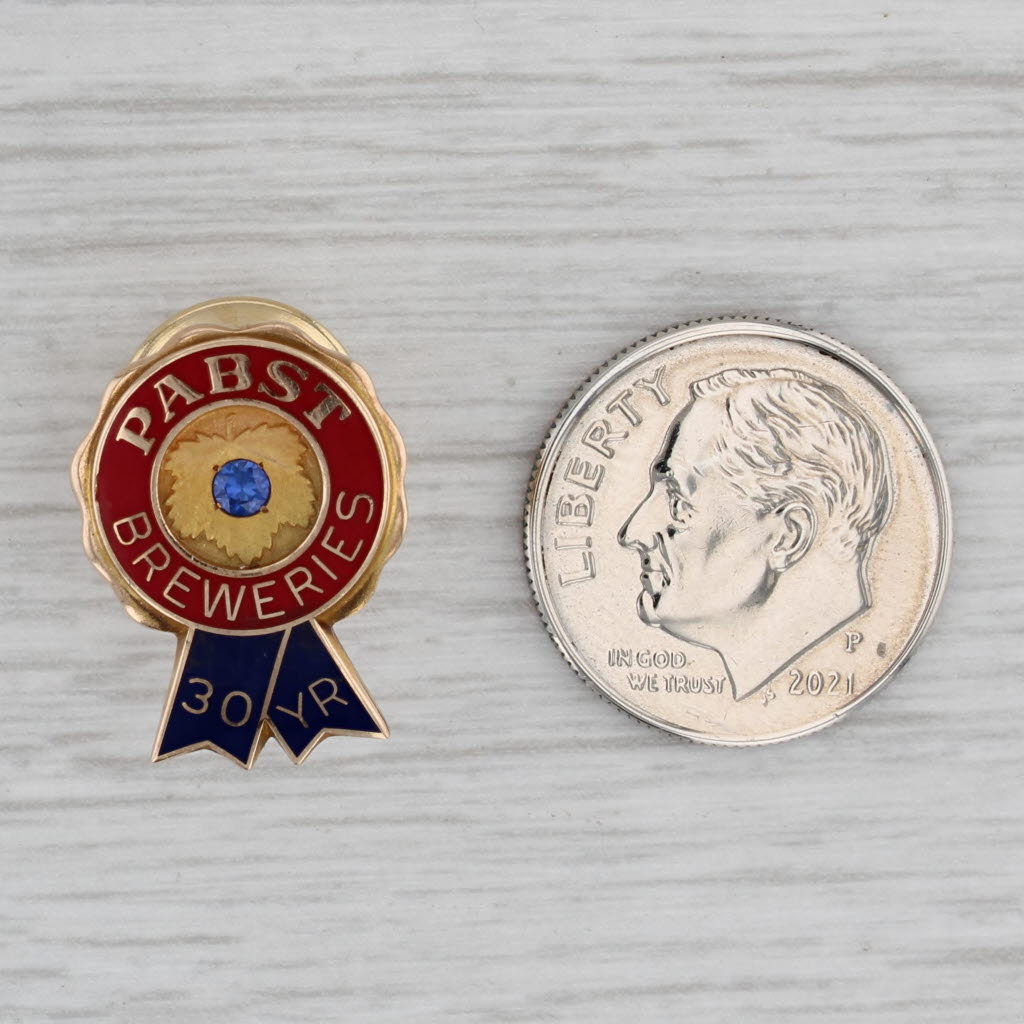 Gray Pabst Blue Ribbon Breweries 30 Years Service Pin 10k Gold Lab Created Sapphire