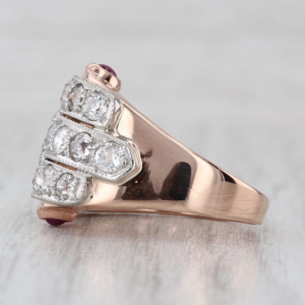 Retro 1.40ctw Diamond Ruby Ring 14k Rose Gold Palladium Cocktail Size 8