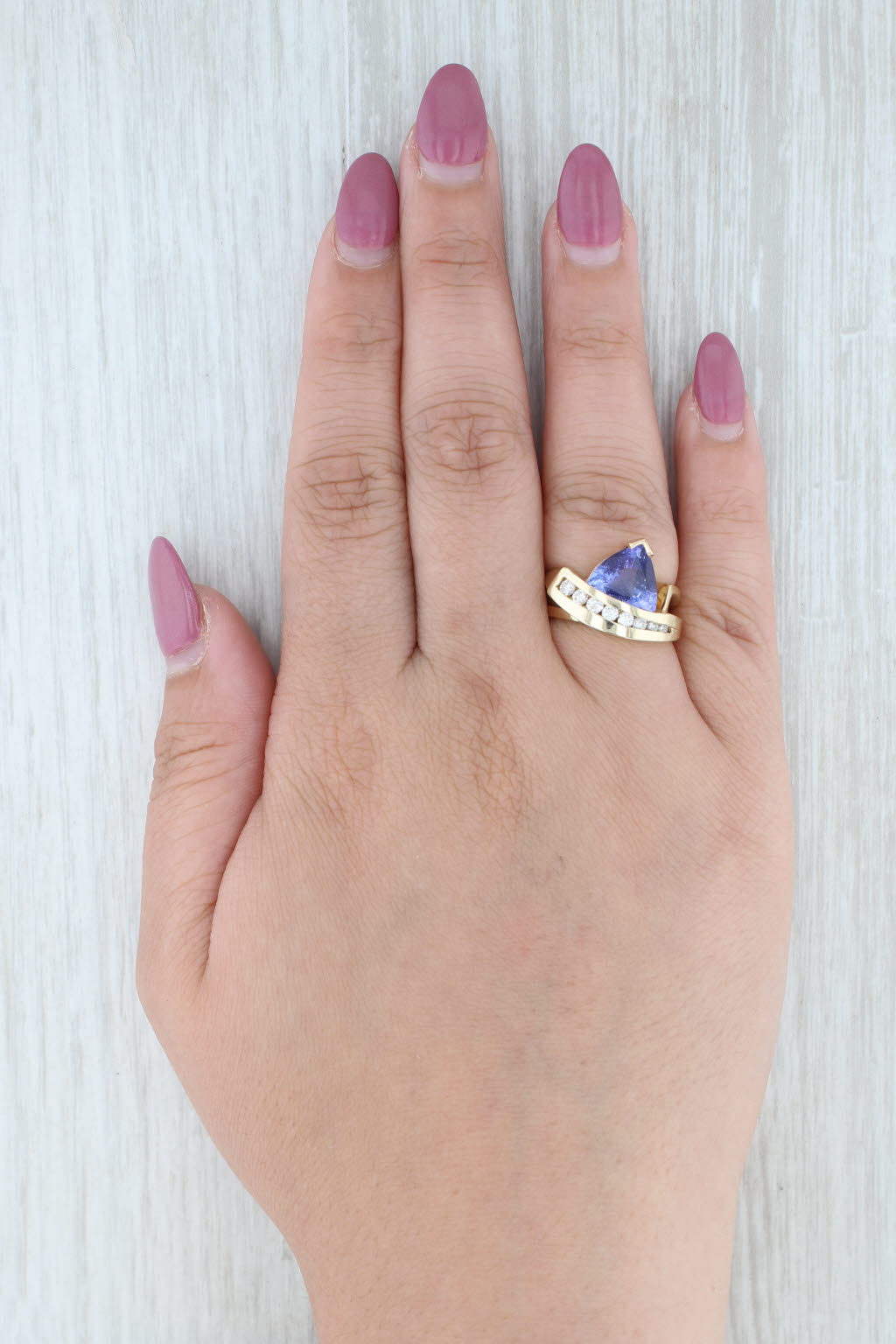 Gray 2.91ctw Tanzanite Diamond Ring 14k Yellow Gold Size 6.25 Abstract Bypass