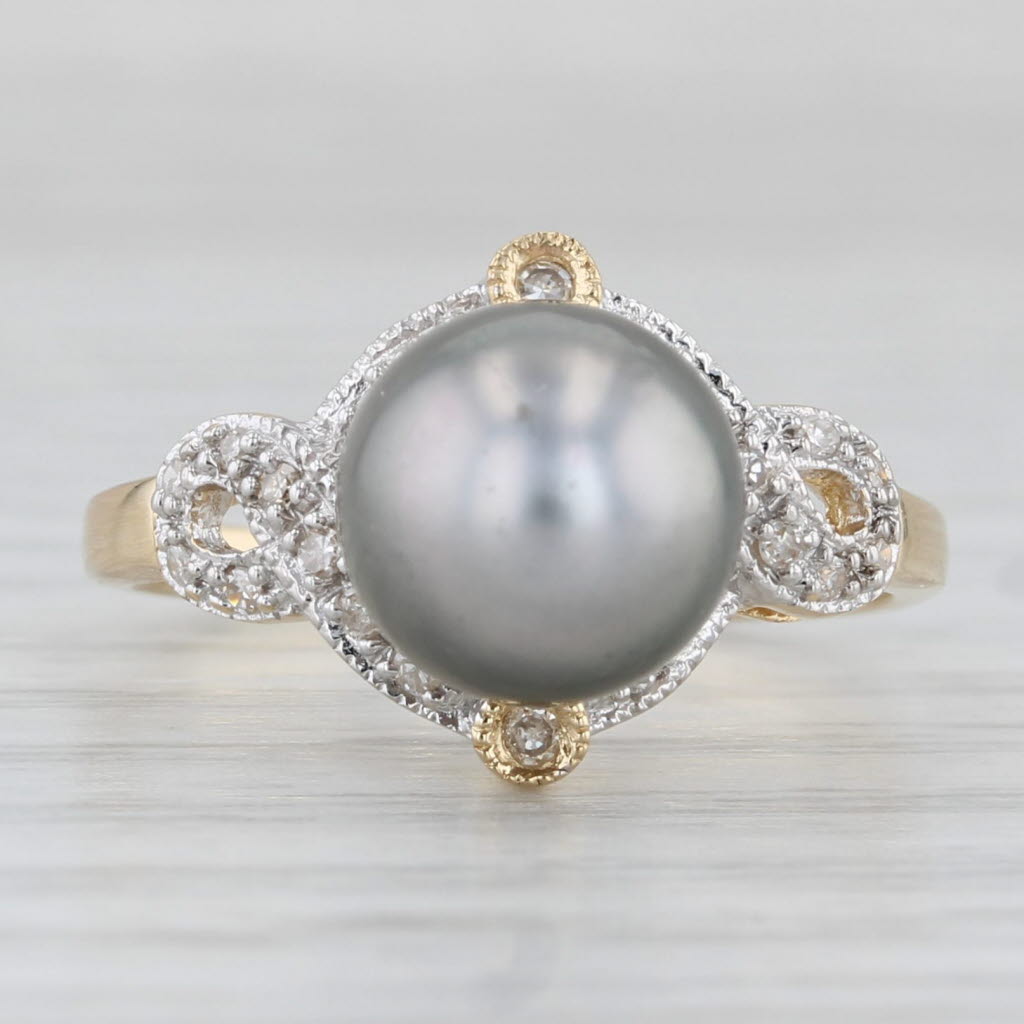 Light Gray Cultured Black Pearl Diamond Ring 14k Yellow Gold Size 6