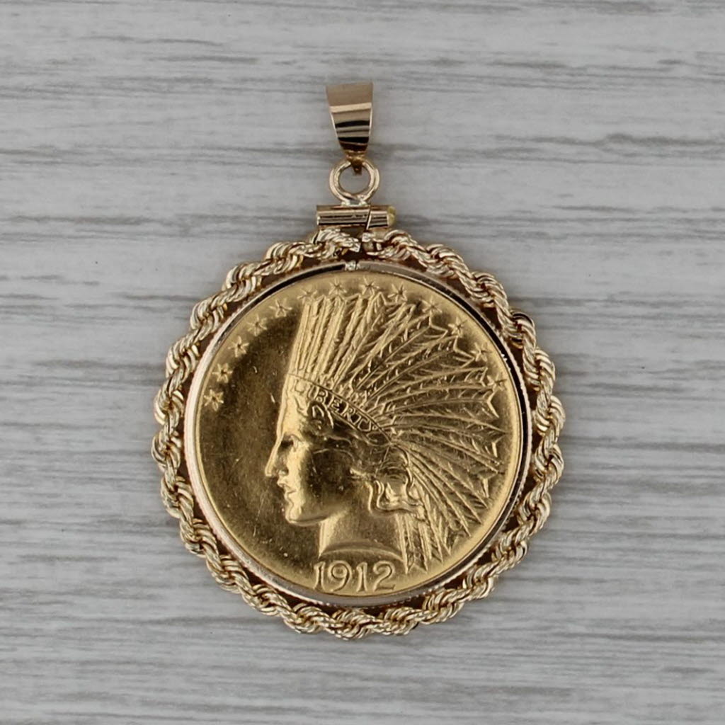 1912 American Gold Eagle Coin Pendant 14k 900 Gold 10 Dollars Indian Head