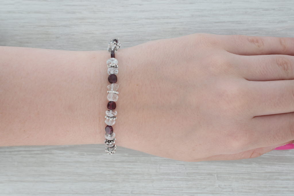 Dark Gray Aquamarine Topaz Crystal Quartz Garnet Gemstone Bead Bracelet Sterling Silver