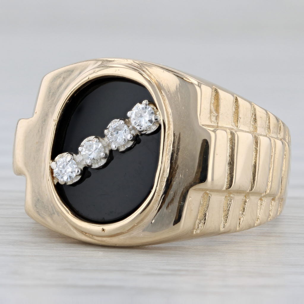 Gray Onyx Diamond Men's Signet Watch Style 14K Yellow Gold Ring Size 10.75