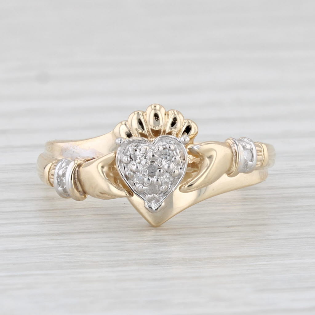 Light Gray Diamond Claddagh Heart Ring 10k Yellow Gold Size 7 Engagement Wedding