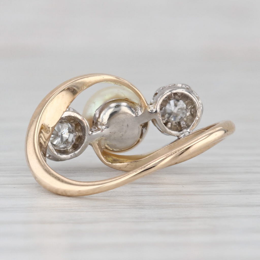Light Gray Vintage Cultured Pearl Diamond Bypass Ring 10k-12k Yellow Gold Size 4.5