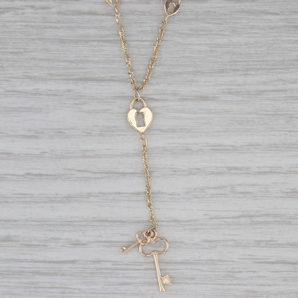 Gray Lock & Key Lavalier Necklace 14k Yellow Gold 17" Singapore Chain