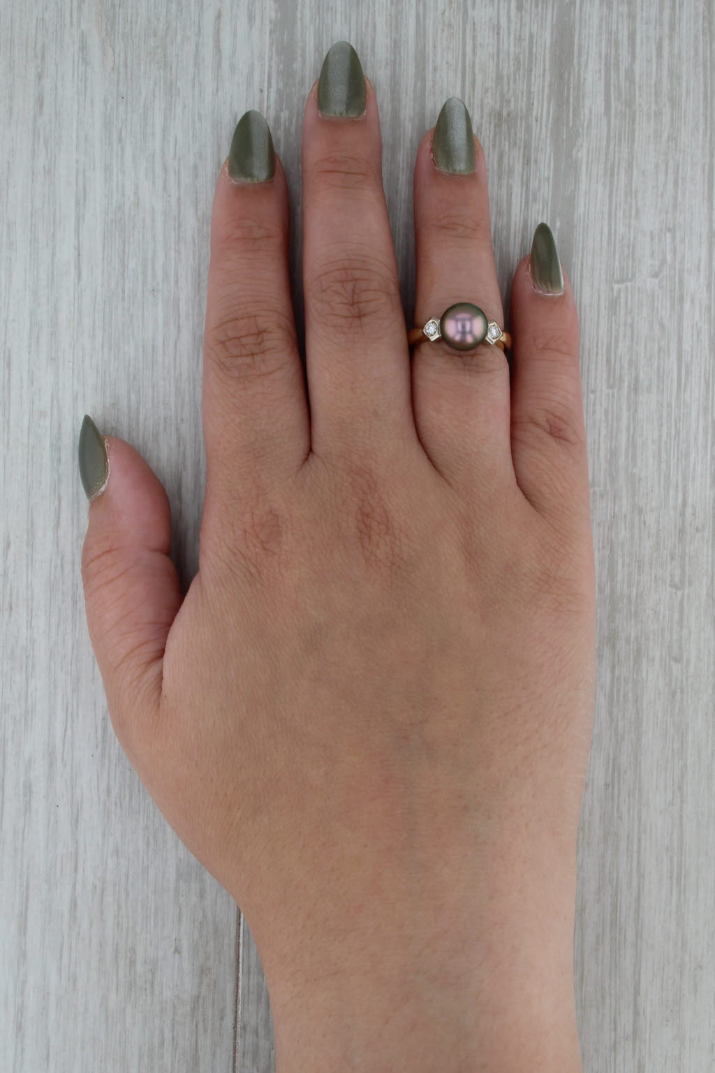 Black Cultured Pearl Diamond Ring 18k Yellow White Gold Size 6