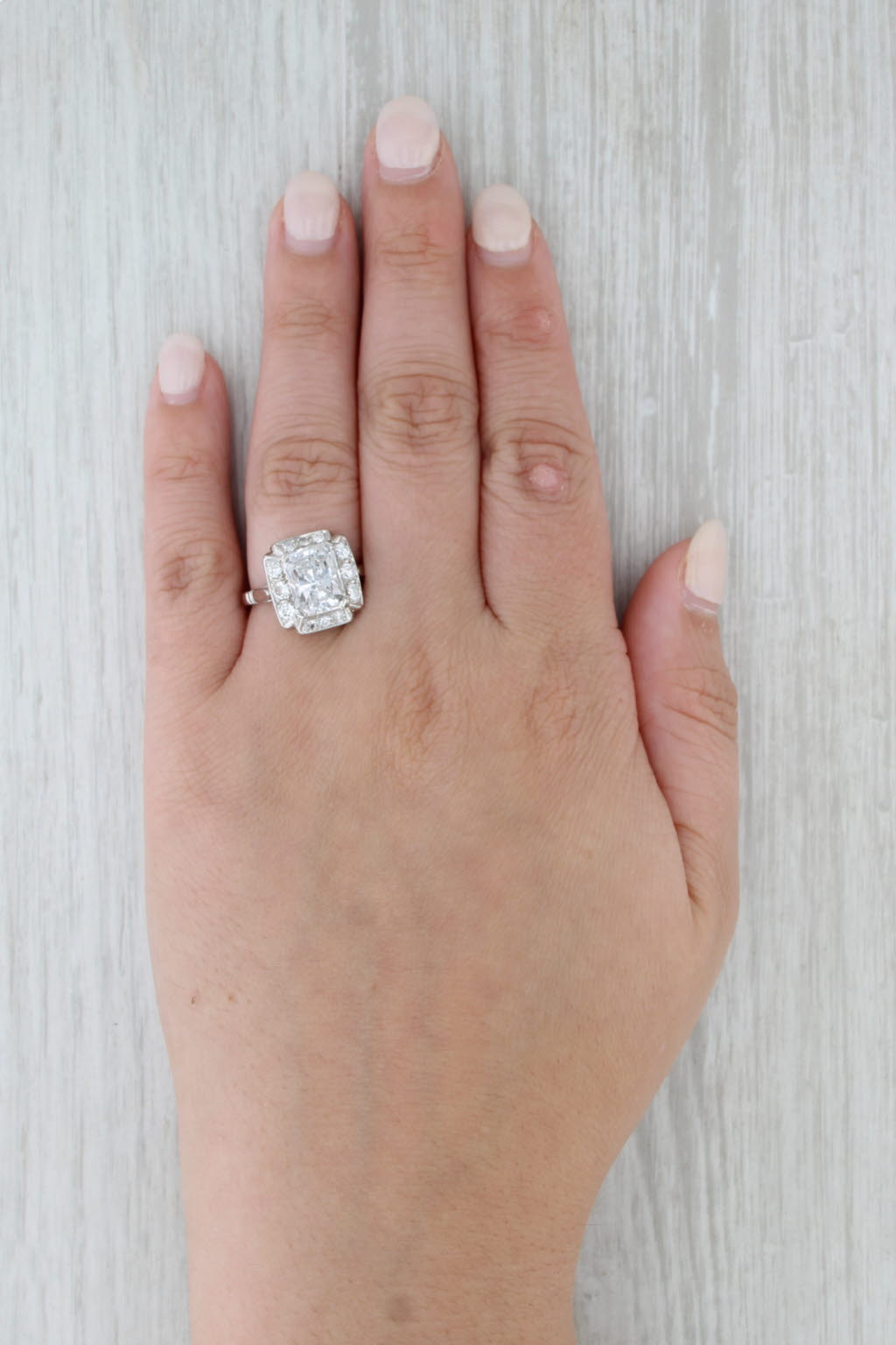 3.74ctw Rectangle Diamond Halo Engagement Ring Platinum Size 7.5 GIA E Color
