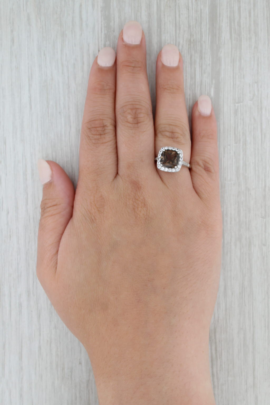 3.30ct Smoky Quartz White Topaz Halo Ring 10k White Gold Size 7