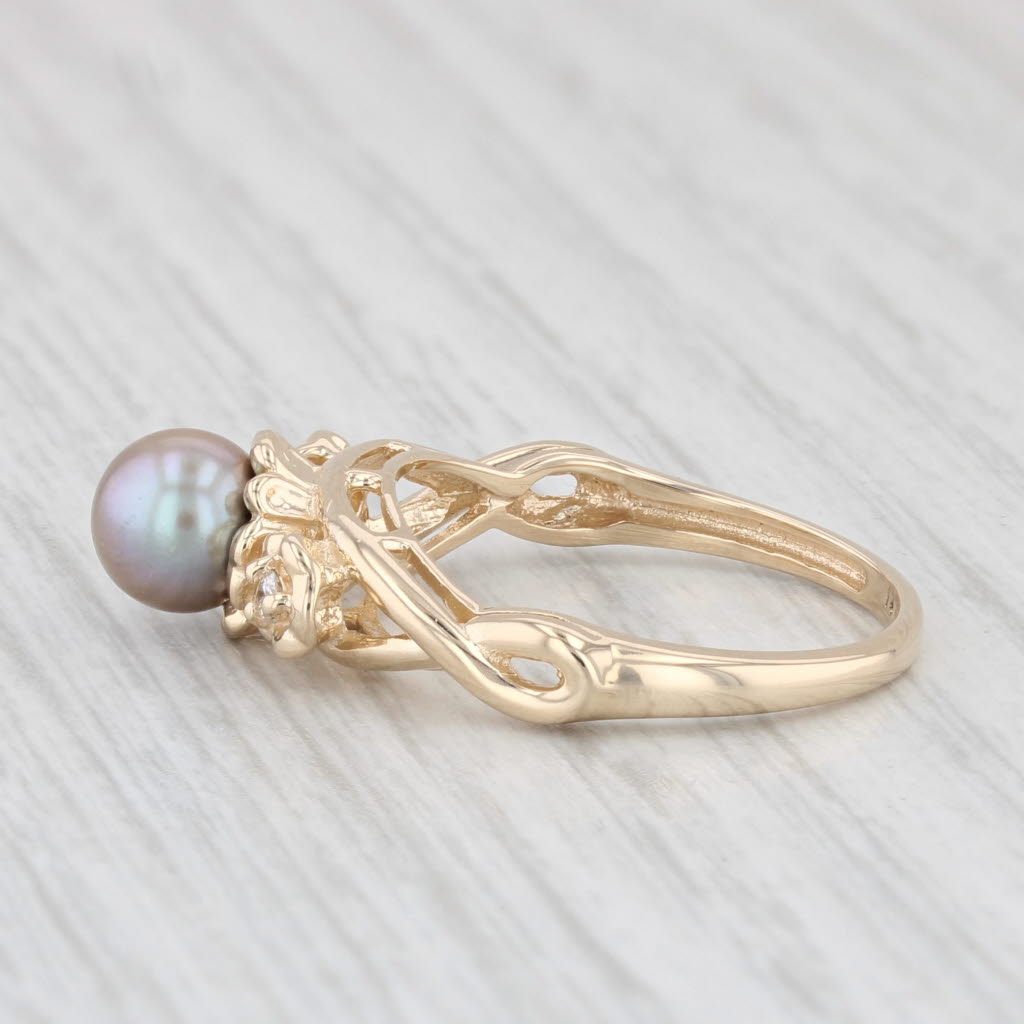 Light Gray Gray Cultured Pearl Diamond Ring 14k Yellow Gold Size 6.75