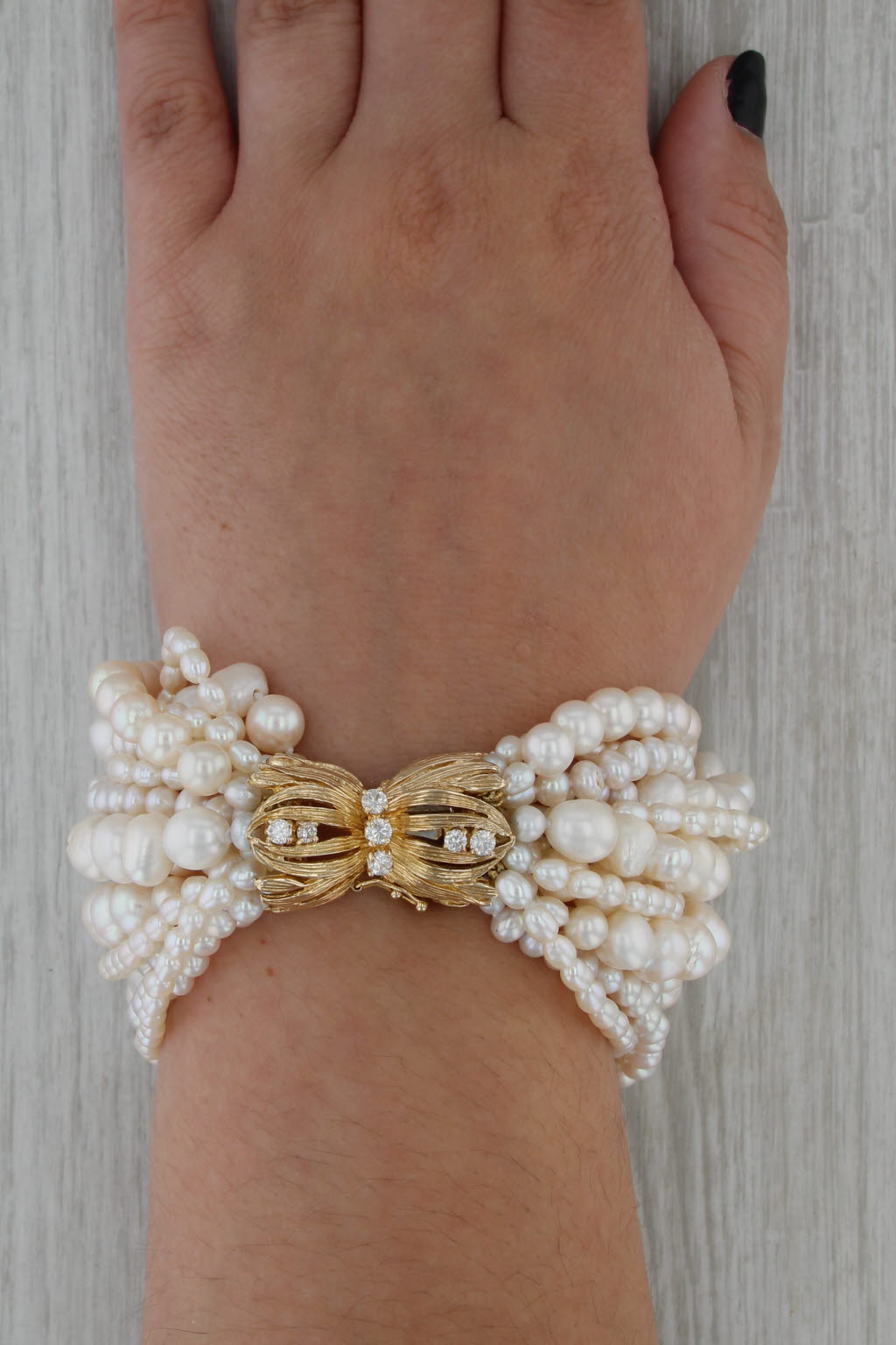 Vintage Multistrand Cultured Pearl Diamond Bracelet 14k Yellow Gold 9"