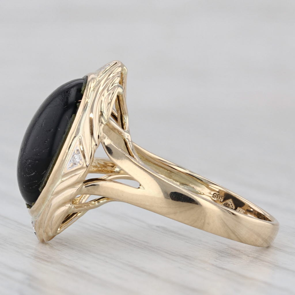 Gray Devitrified Glass Oval Cabochon Solitaire Ring 14k Yellow Gold Diamond Accents