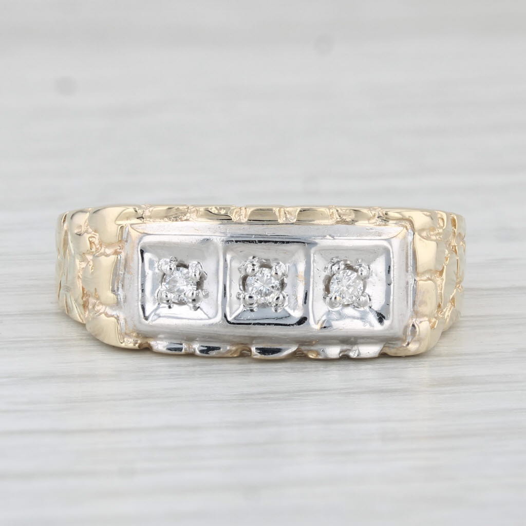 Light Gray Vintage Diamond 3-Stone Men's Ring Wedding 10k Gold Nugget Band Size 10.75