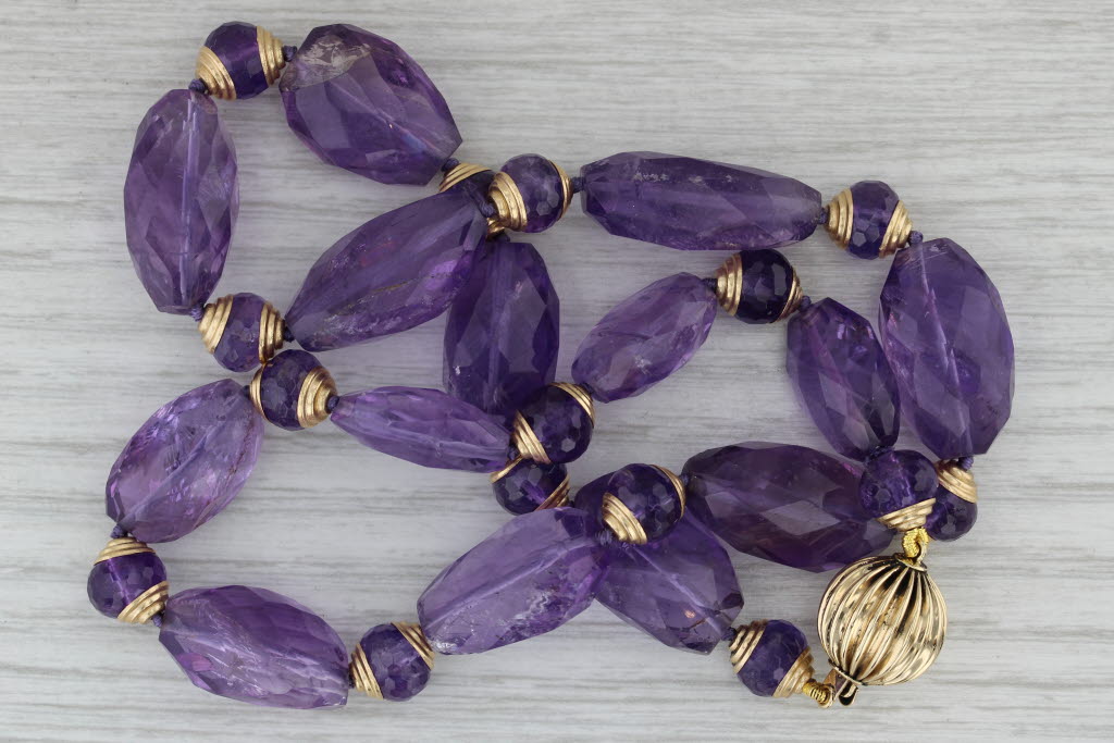 Gray Vintage Amethyst Bead Necklace 14k Yellow Gold 18" Statement