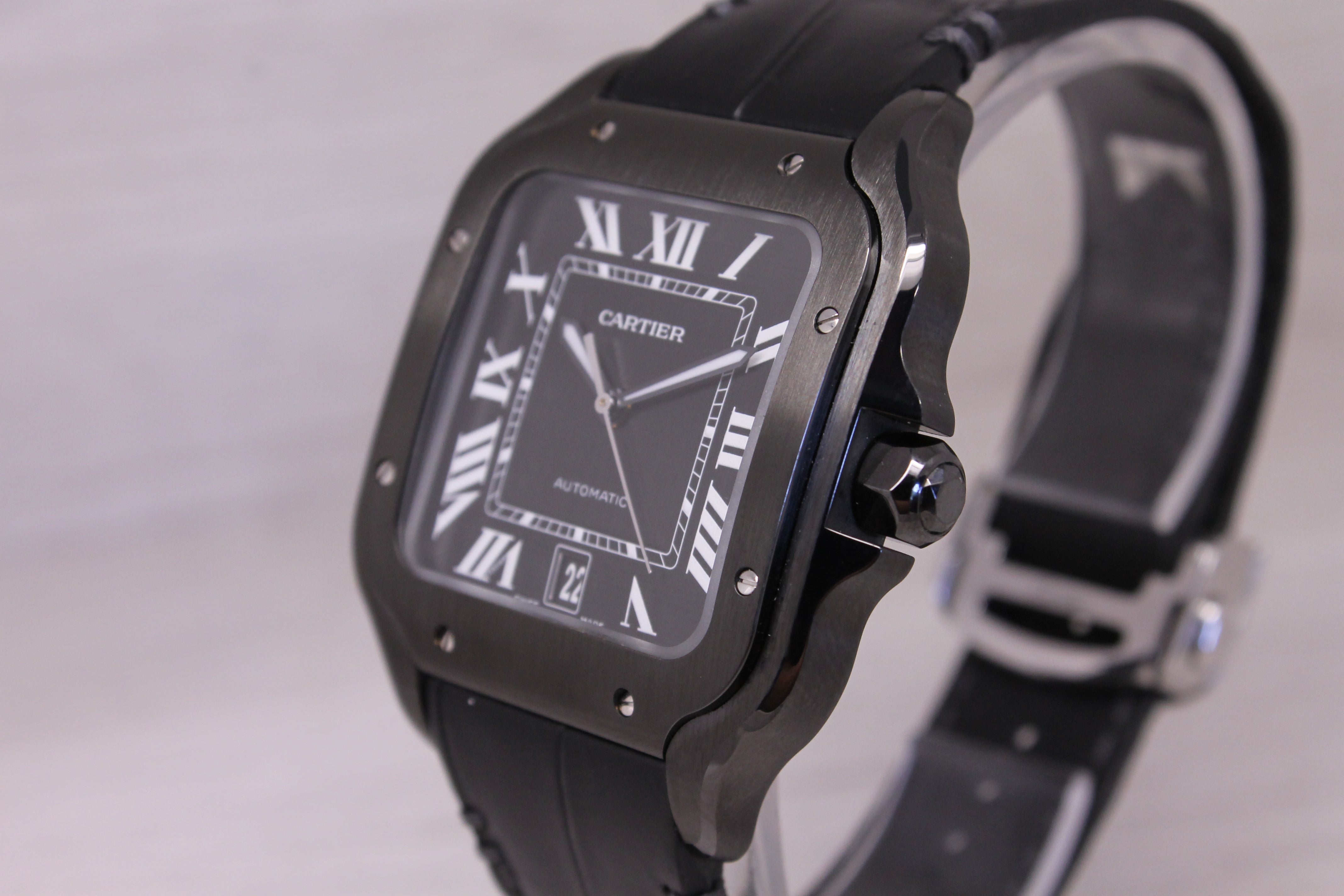 Cartier Santos Black ADLC WSSA039 Mens Automatic Watch w Box Card Extra Strap