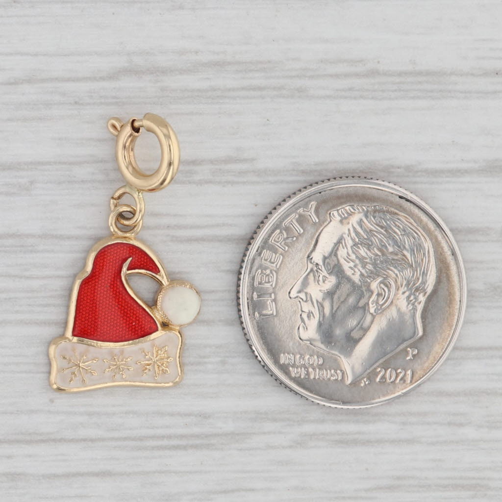 Gray Santa Hat Charm 14k Yellow Gold Enamel Christmas Holiday Pendant