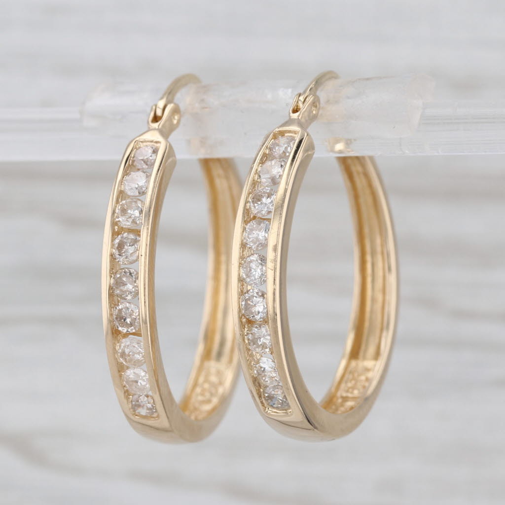 0.74ctw Diamond Hoop Earrings 14k Yellow Gold Snap Top Round Hoops