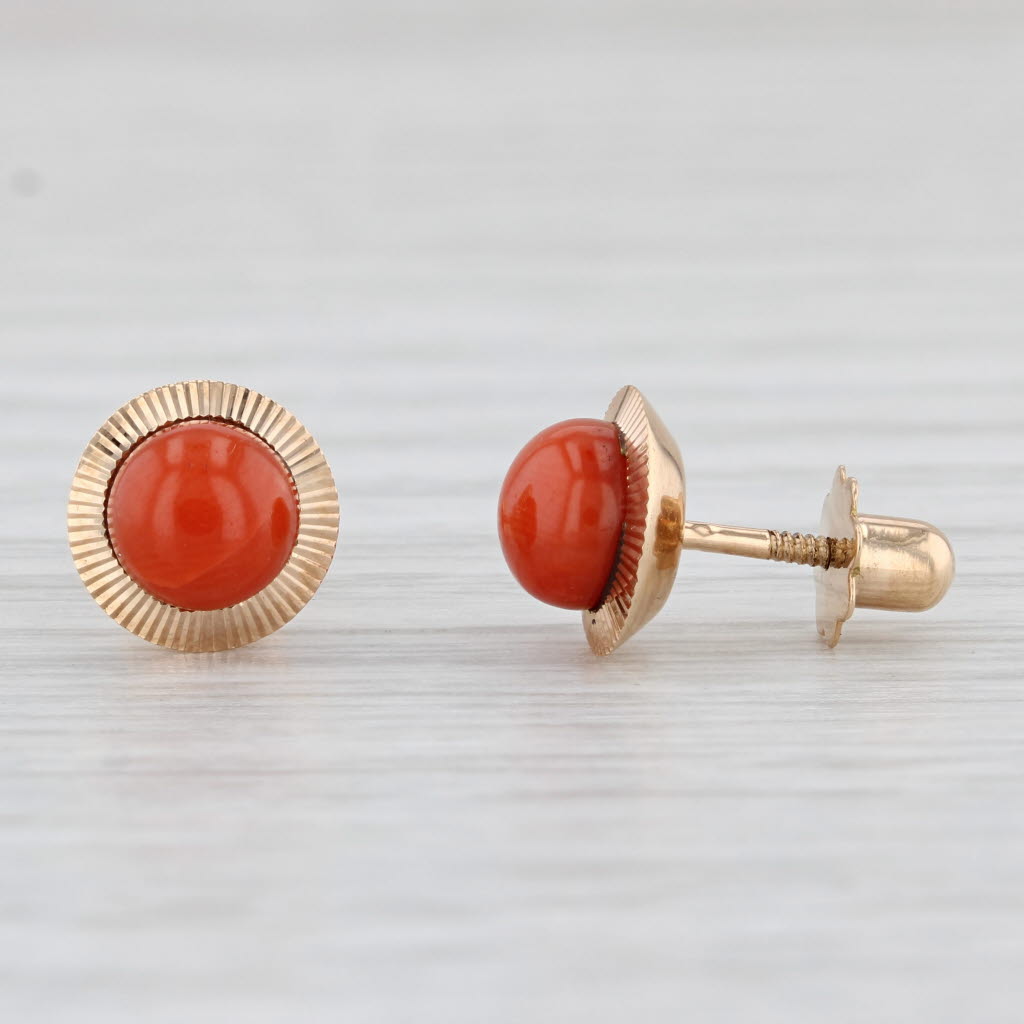 Light Gray Coral Button Stud Earrings 18k Yellow Gold Round Bead Solitaires