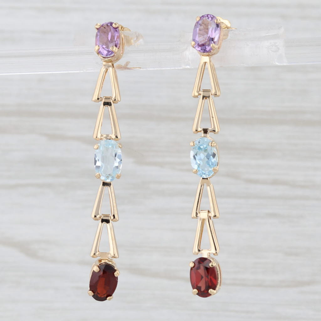 Light Gray 3ctw 3-Stone Journey Dangle Earrings 14k Gold Topaz Amethyst Garnet