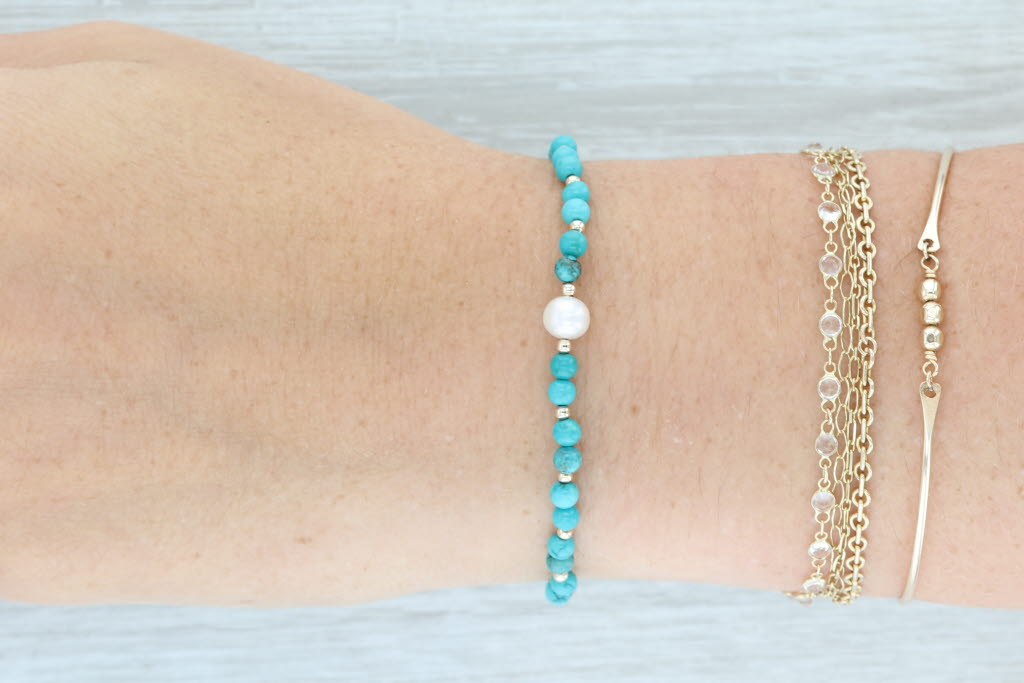 Imitation Turquoise Cultured Pearl Single Bead Strand Bracelet 6" Stretchy