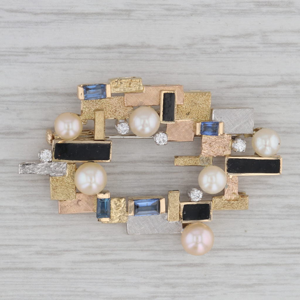 Gray Diamond Blue Sapphire Cultured Pearl Brooch 18k Yellow Gold Pin